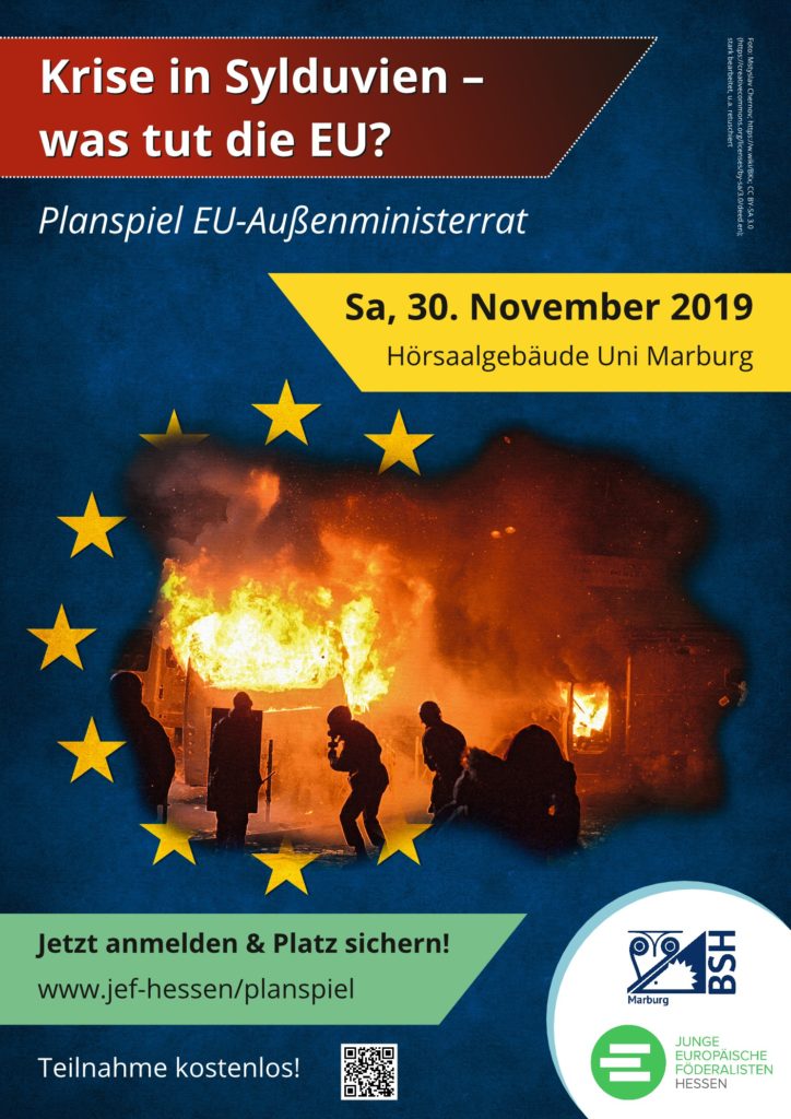 Plakat Planspiel 'Krise in Sylduvien' am 30.11.2019 in Marburg